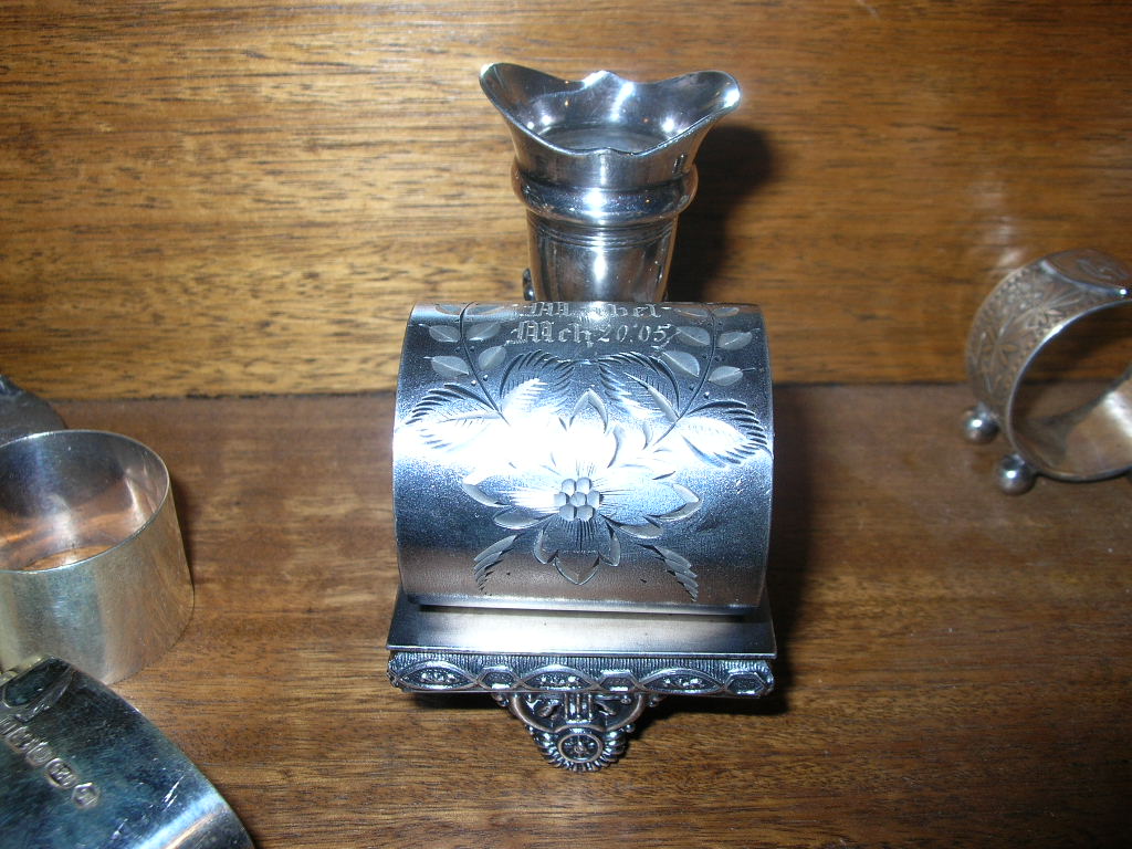 antique American silver/silverplate figural napkin ring w bud vase 